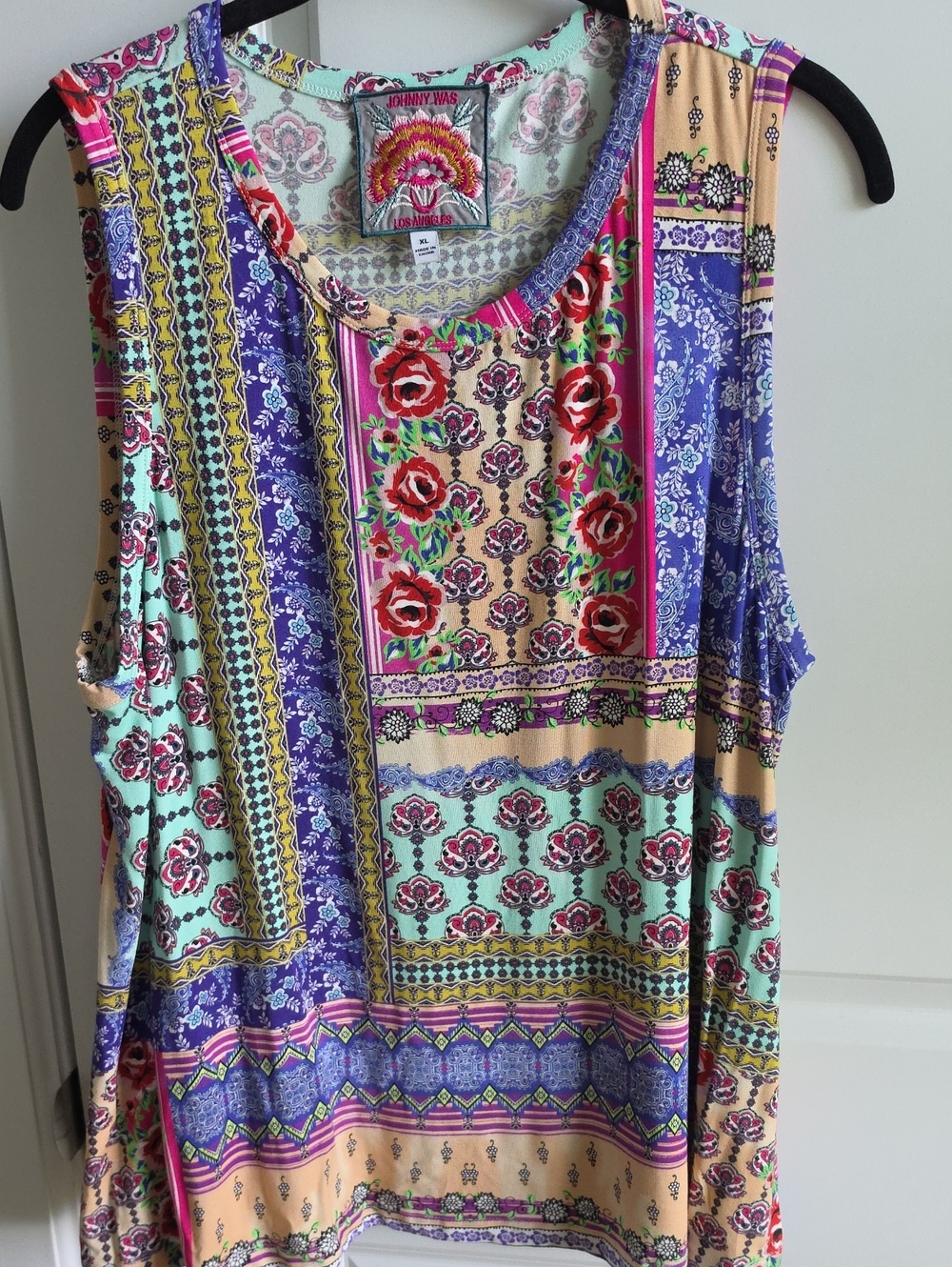 Johnny Was Mint, Purple, Peach & Red Patchwork Floral Tank